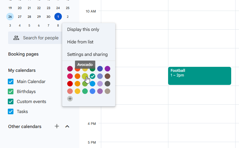 How to change colors on Google Calendar desktop using the calendar three-dot color menu