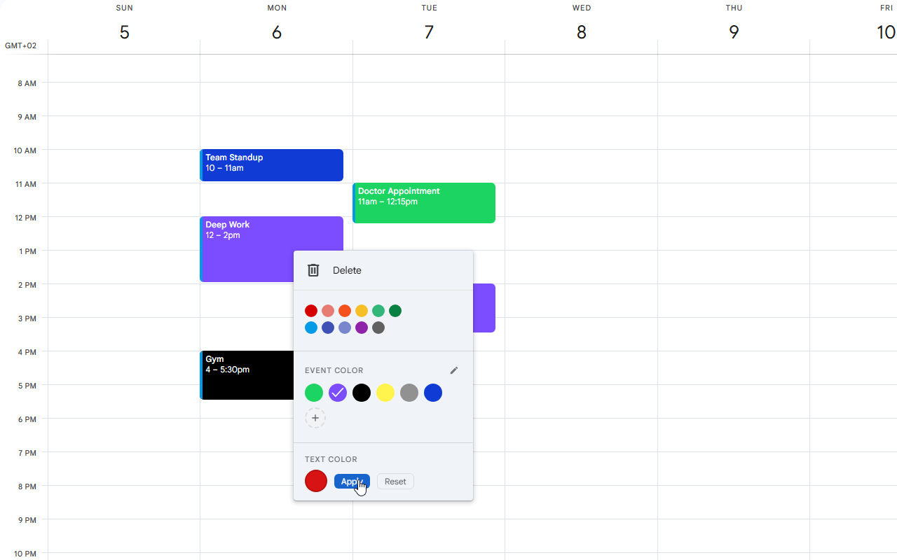 Tint Calendar extension with separate Google Calendar text color and background color controls