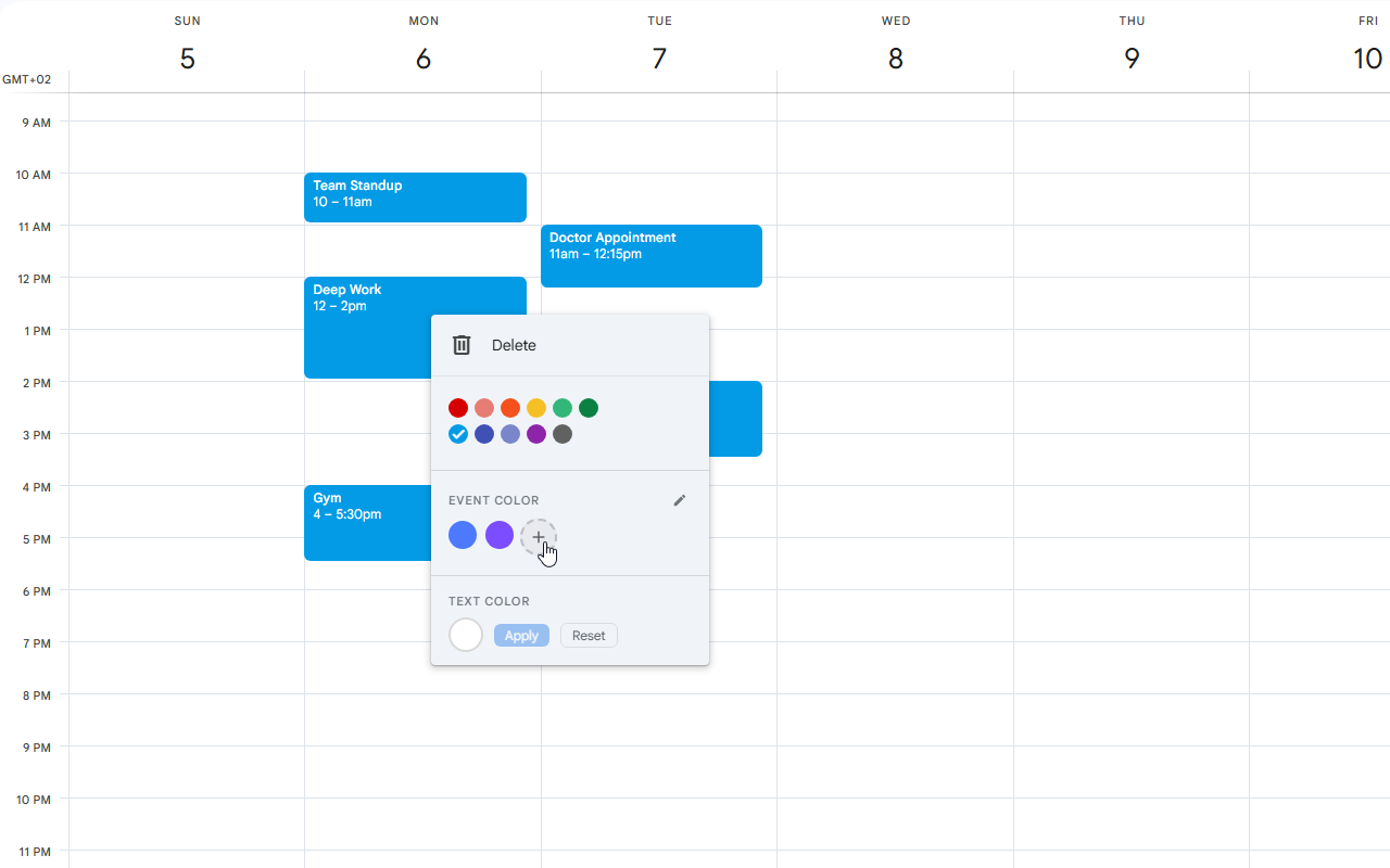 Tint Calendar extension menu with more colors for Google Calendar